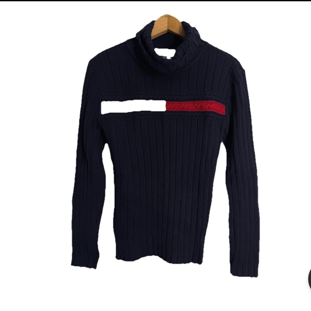 Vtg Y2K Tommy Hilfiger Sweater Women Sz XL Turtle Neck Logo Cotton Color Block